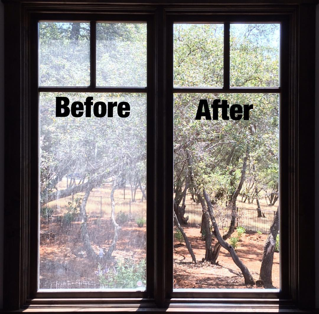 Before and after window cleaning — a hazy, spotted pane next to a crystal-clear one