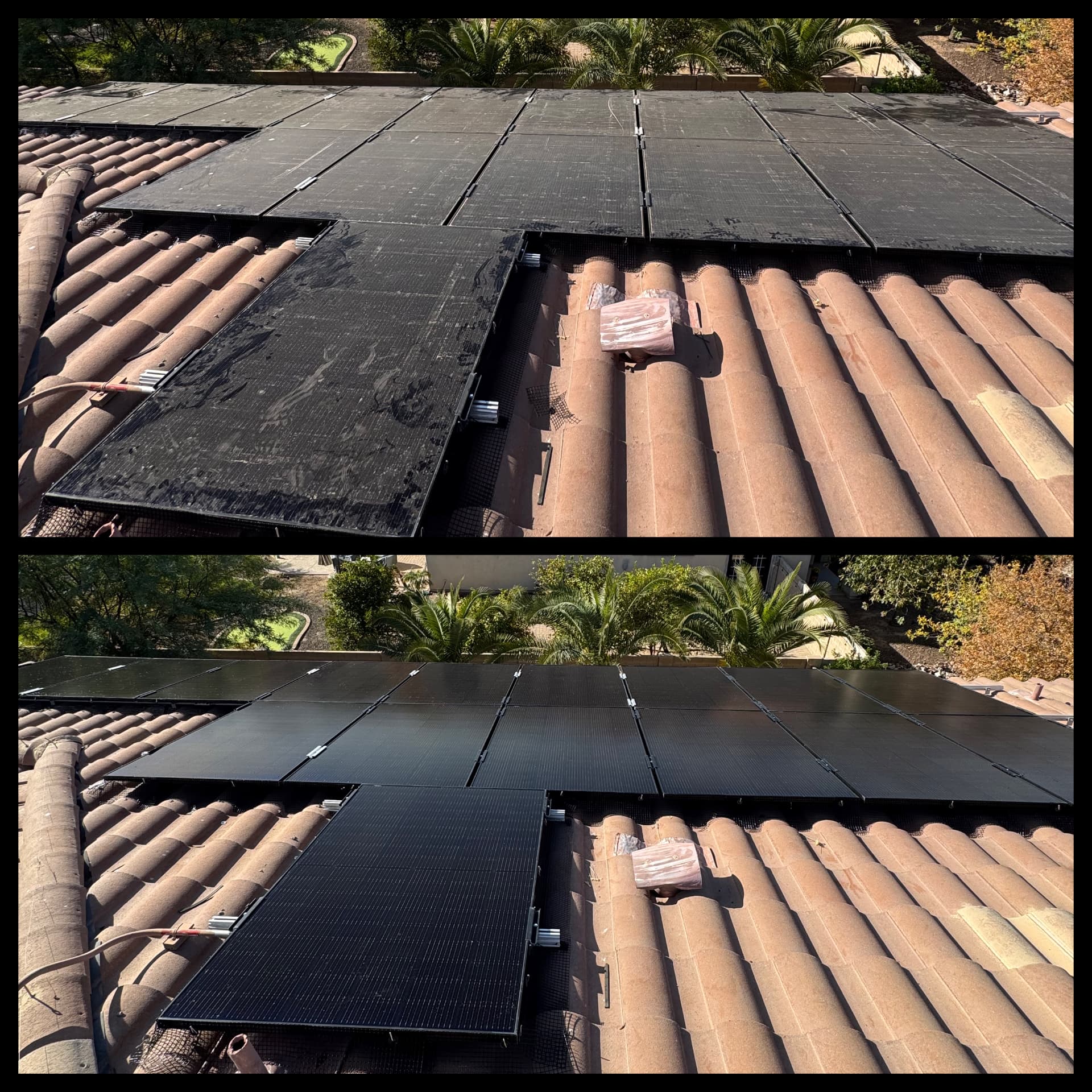 Before and after solar panel cleaning on a tile roof — filmy panels restored to deep black glass