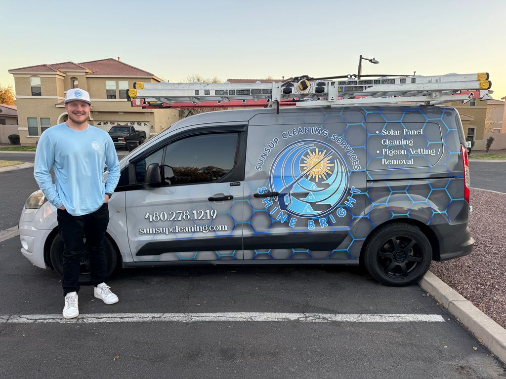 SunsUp service van and technicians ready for an Arizona exterior cleaning job