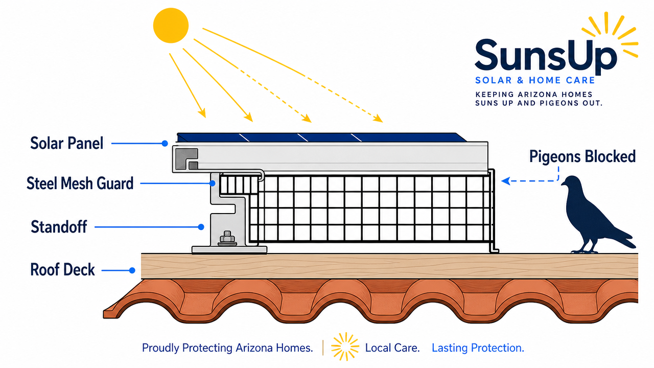 Cross-section diagram showing roof deck, standoff, solar panel, and steel mesh guard blocking pigeons from the under-panel gap