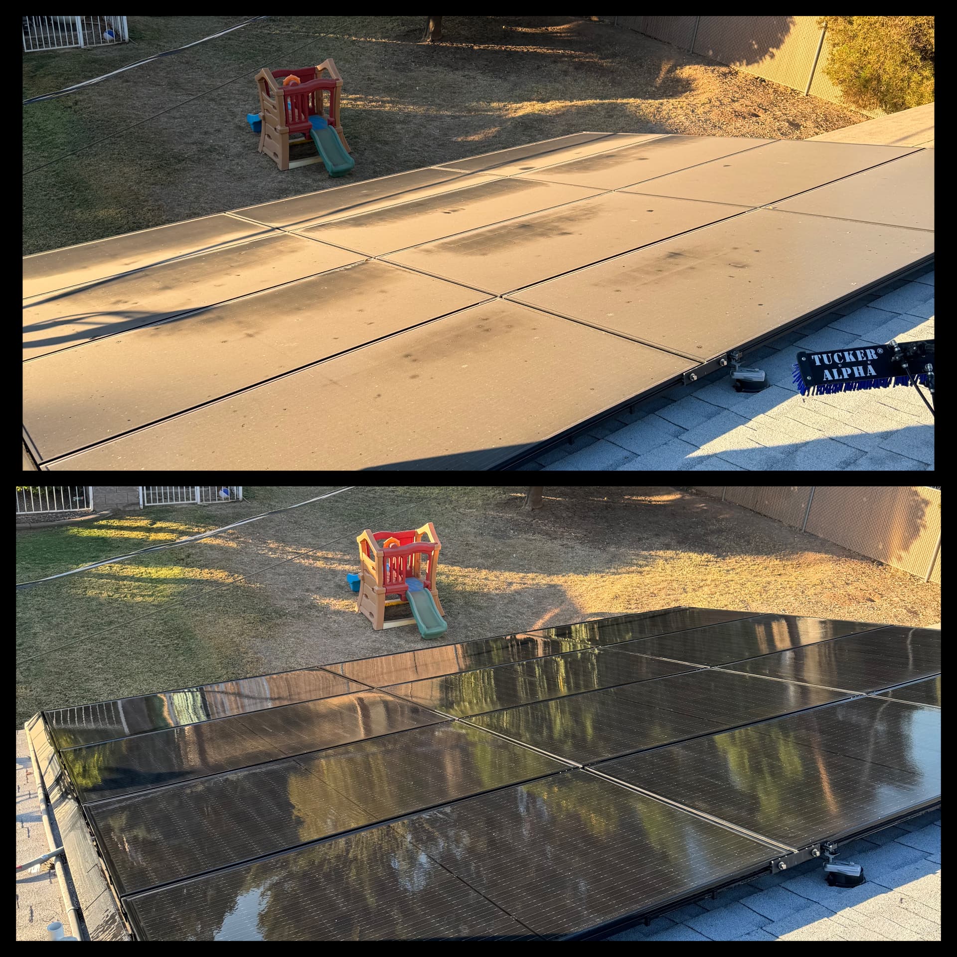 Before and after: solar panels buried under a thick tan dust layer, then washed to reflective black glass