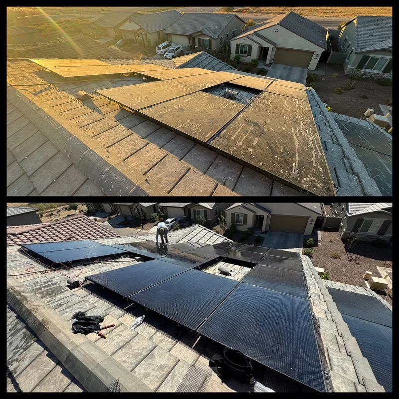 Before and after: a rooftop solar array buried in pigeon droppings, then cleaned and restored
