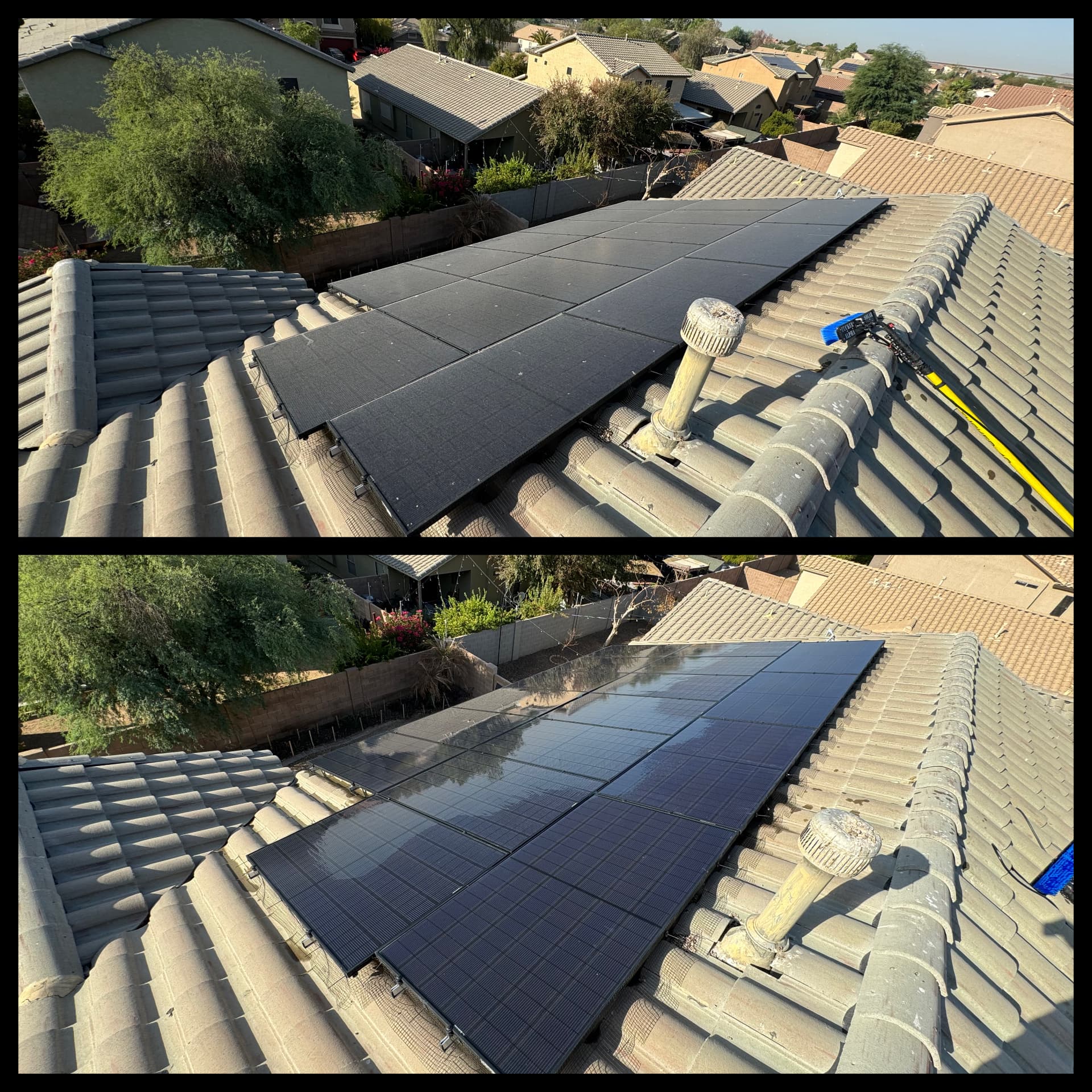 Before and after cleaning of a large rooftop solar array coated in dust, then rinsed spot-free
