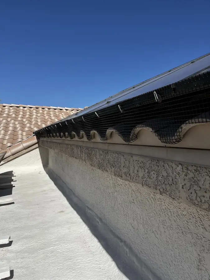 Black pigeon-guard mesh sealed along the perimeter of a rooftop solar array against a blue Arizona sky