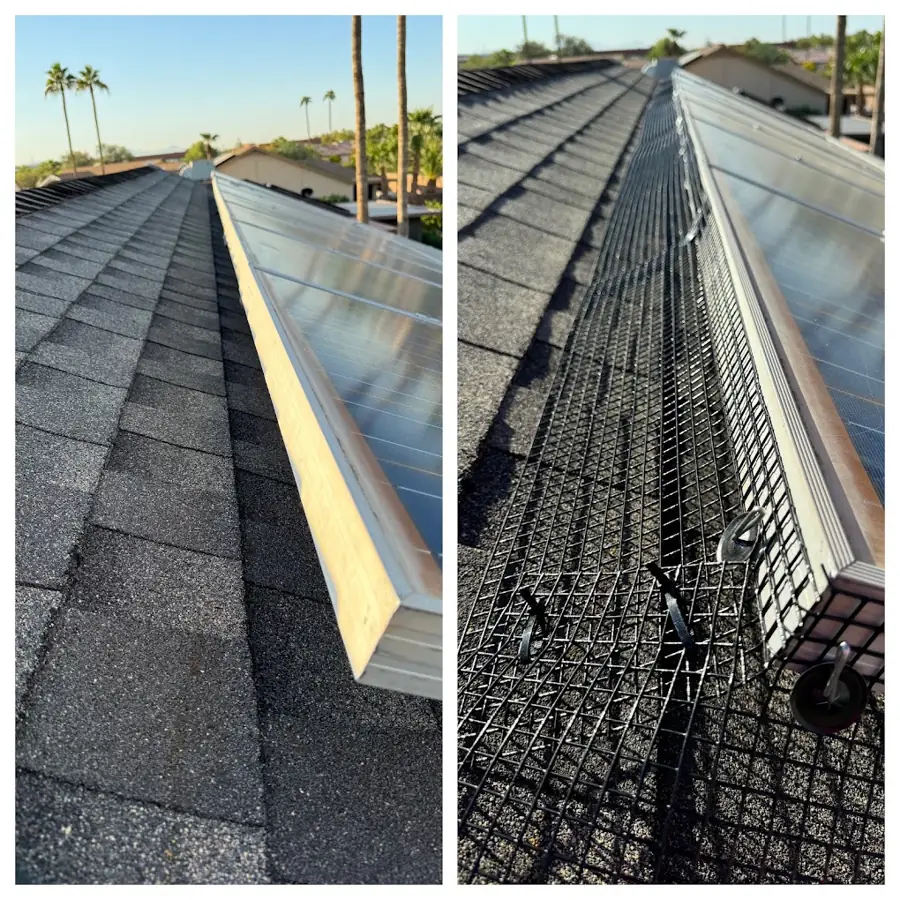 Side by side of a solar array edge before and after pigeon-guard mesh installation